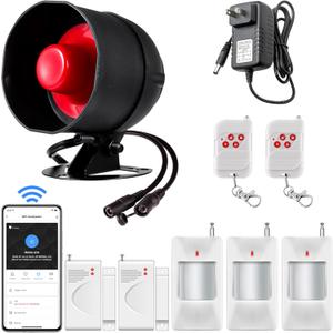 WiFi Alarm Home Security System, Wireless Alarm System with Loud 120dB Motion Sensor Siren, Window Door Alarms Sensor, Remote Control for Shed Garage