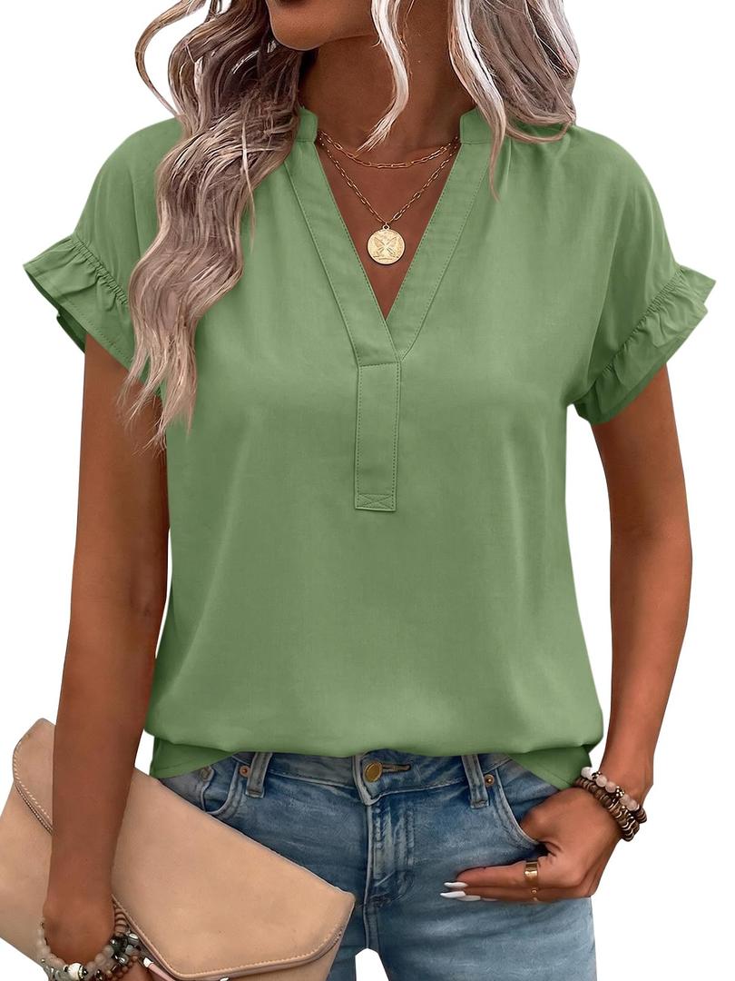 Tankaneo Short Sleeve Shirts V Neck Dressy Casual Top Summer Cotton Blouses (Green, M)