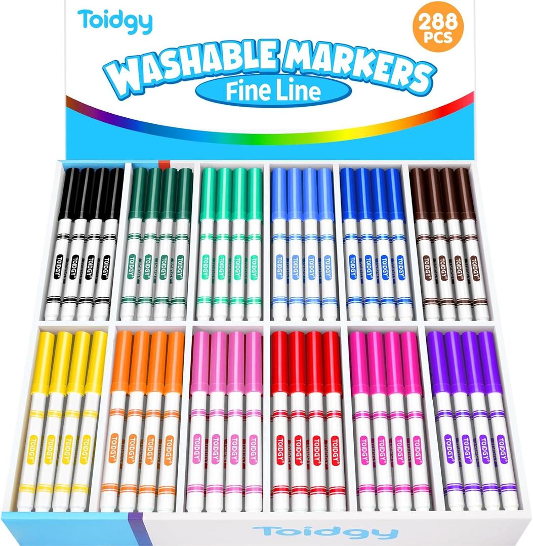 Toidgy 288 PCS Washable Markers for Kids, Colored Markers Bulk for School, Thin Marker Set in 12 Assorting Colors, Fine Line Marker with Conical Tip, Back to School Supplies, Classroom Must Haves