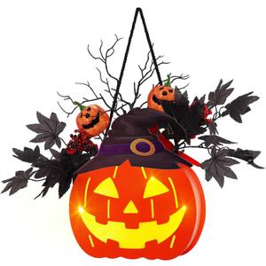BlcTec Halloween Pumpkin Lights, 10 inch Lighted Big Jack-O-Lantern with Maple Leaves, Berries, Twigs, Witch's Hat, Battery-Operated Premium Wood Pumpkin with Timer for Halloween Decorations, Style C