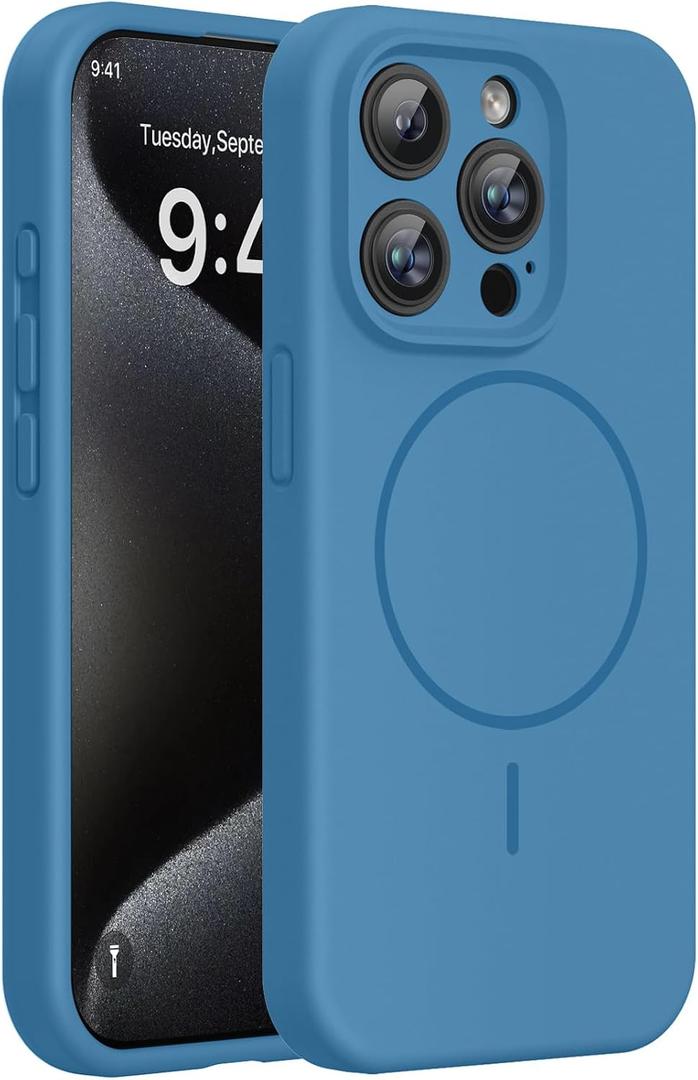 Miracase Magnetic for iPhone 15 Pro Case, [Soft Anti-Scratch Microfiber Lining], Compatible with MagSafe, Liquid Silicone Shockproof Drop Protection Phone Case for 15 Pro, Capri Blue
