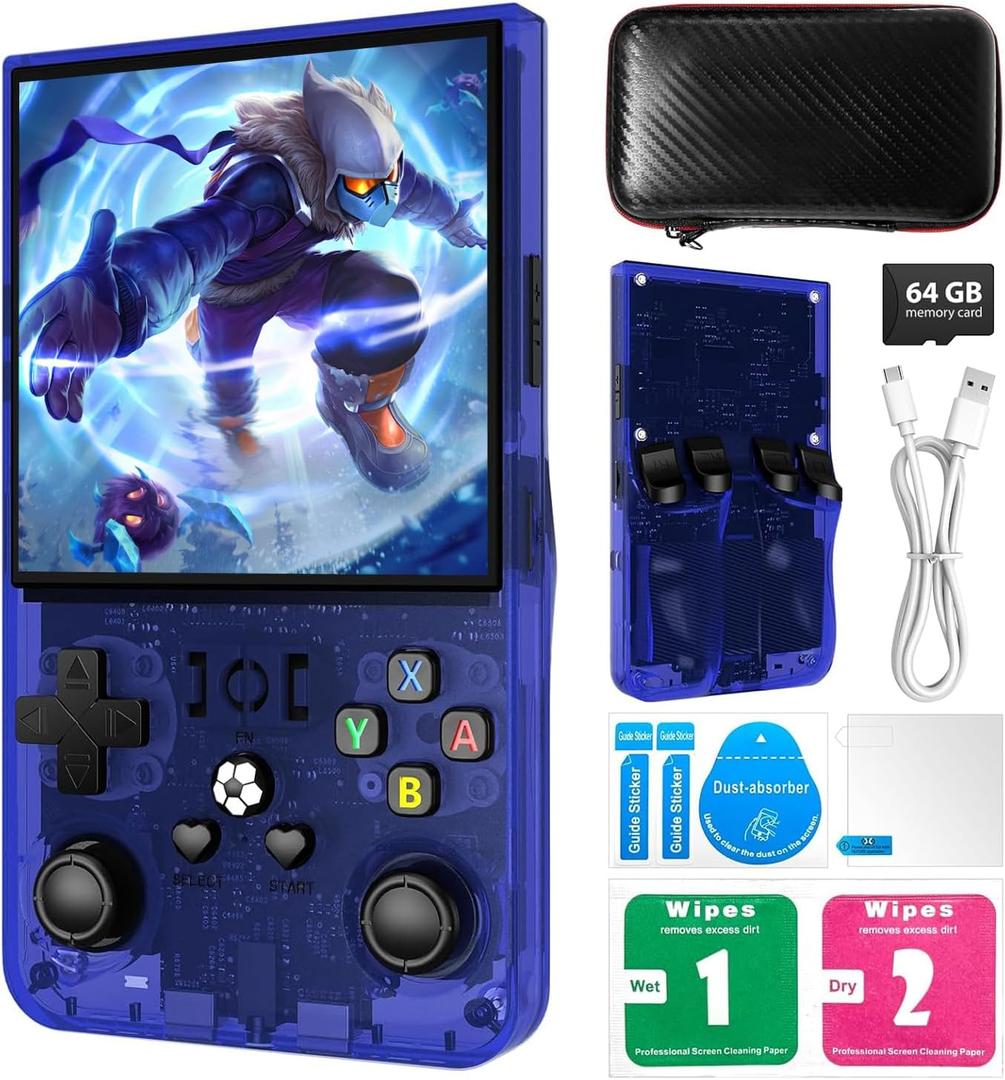 PixelKing 2025 New Upgrade R36MAX Retro Handheld Game Console with 64G Built-in 18000+ Classic Games, Emulator Handheld,4.0" IPS Screen Retro Gaming Console, Rechargeable Portable Pocket Arcade(Blue)