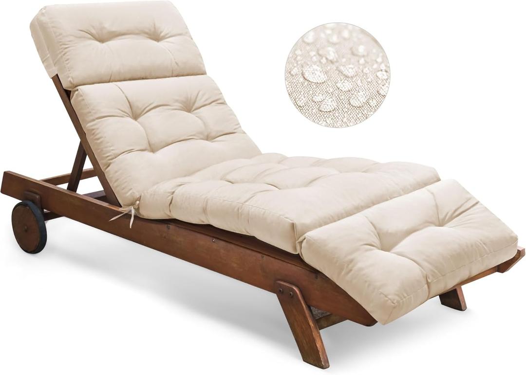 Outdoor Chaise Lounge Chair Cushion Waterproof 74.4 x 22 x 4.7 Inches Memory Foam Lounge Chair Cushions Replacement for Outdoor Furniture with Ties, Thickened Pool Lounge Chair Cushion, Beige