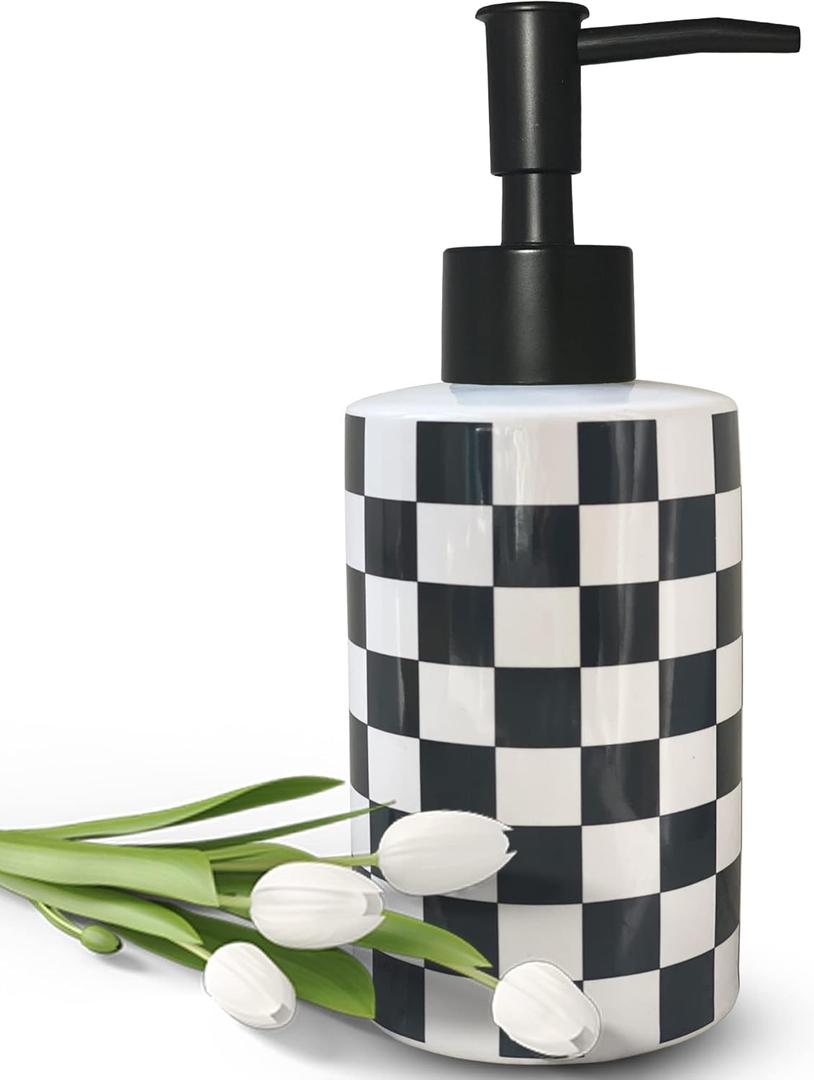 Bathroom Soap Dispenser with Matte Black Pump White Ceramic Soap Dispenser for Kitchen Checkerboard Empty Pump Bottle (Black)