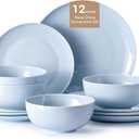 KINGSTONE 12-Piece Bone China Dinnerware Set for 4, Lightweight Porcelain Round Plates and Bowls Set, Durable Scratch Resistant Ceramic Dinner Set, Microwave & Dishwasher Safe, Misty Blue