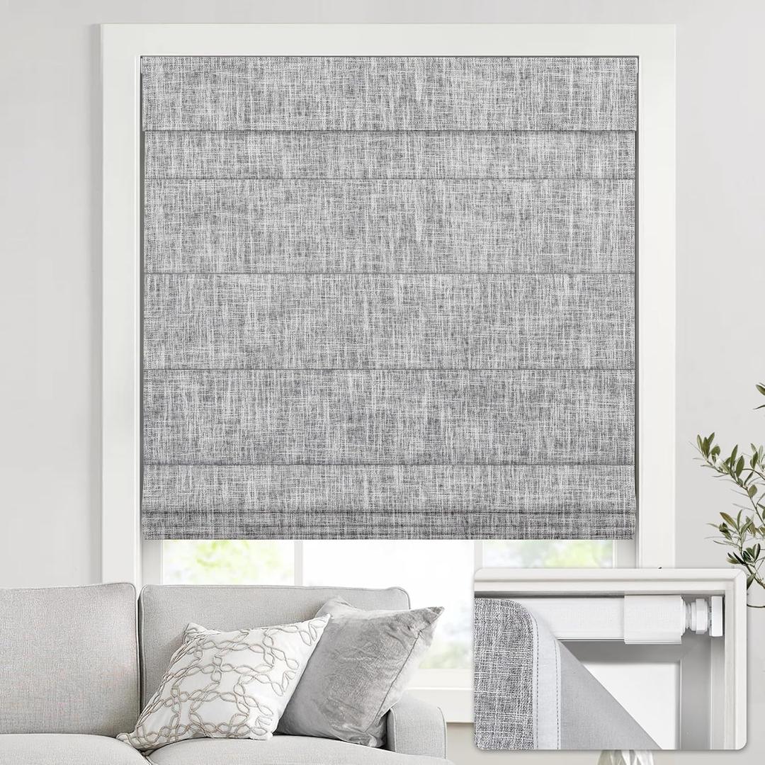 No Drill Cordless Roman Shades for Windows, 39" W 64" H - 100% Blackout - Linen - Grey