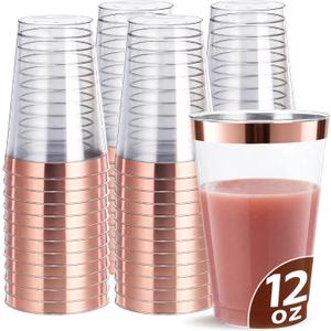 [200 Pack] 12oz Plastic Cups with Rose Gold Rimmed - Sturdy & Food Safe Plastic Wine Glasses Wedding Cups Party Cups Clear Cups Plastic Cocktail Glasses for Wine, Juice, Cocktails and Cold Beverages
