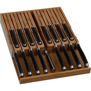 Domax Bamboo In-drawer Knife Block - Knife Drawer Organizer Insert Large Handle Steak Knife Holder, Kitchen Drawer Knife Organizer Fits for 16 knives and 1 Sharpening Steel (Not Included), Walnut