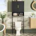Over The Toilet Storage Cabinet with Fluted Doors and Adjustable Shelf, Tall Bathroom Organizer with Metal Stand Space Saver Over Toilet , Wood Rack for Bathroom, Restroom, Laundry, Natural Black, 68.9''H