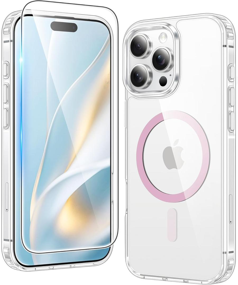 FNTCASE for iPhone 16 Pro Case: Clear Magnetic Phone Cases Compatible with Magsafe Slim Anti Yellowing Military Grade Drop Protection Rugged Shockproof Protective Transparent Cell Cover (C-A Pink)