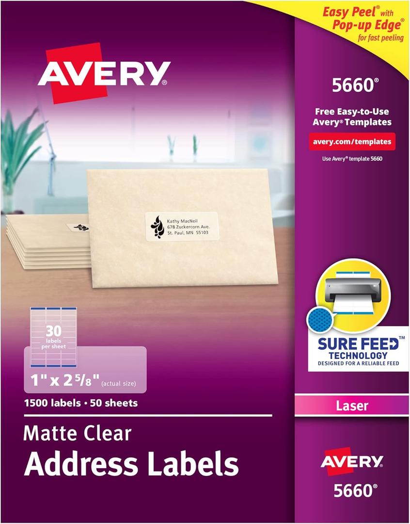 Avery Printable Address Labels with Sure Feed, 1" x 2-5/8", Matte Clear, 1,500 Blank Mailing Labels (05660)