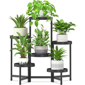 iDavosic.ly 6 Tier Folding Plant Stand Indoor Outdoor with Plastic Tray, Tiered Corner Flower Holder Shelf, Metal Orchid Display Rack for Patio Porch Living Room Garden Balcony, Modern Black
