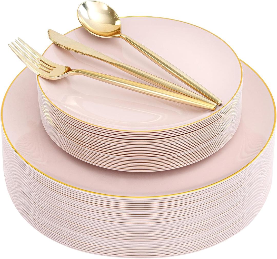 I00000 150 PCS Pink Plastic Plates for Party,Heavy Duty Pink Disposable Plates,Gold Dinnerware Set Include 30 Dinner Plates,30 Dessert Plates,30 Gold Plastic Silverware Set for Mother's Day