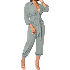 Xinlees Women's Elegant Jumpsuit Casual Long Sleeve Solid Straight Trousers Business Romper Stretchy Ankle Cuffs, L