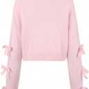 GORGLITTER Women's Bow Sweater Casual Crew Neck Knit Long Sleeve Fall Oversized Pullover Tops Winter Trendy Outfits (Pink, L)