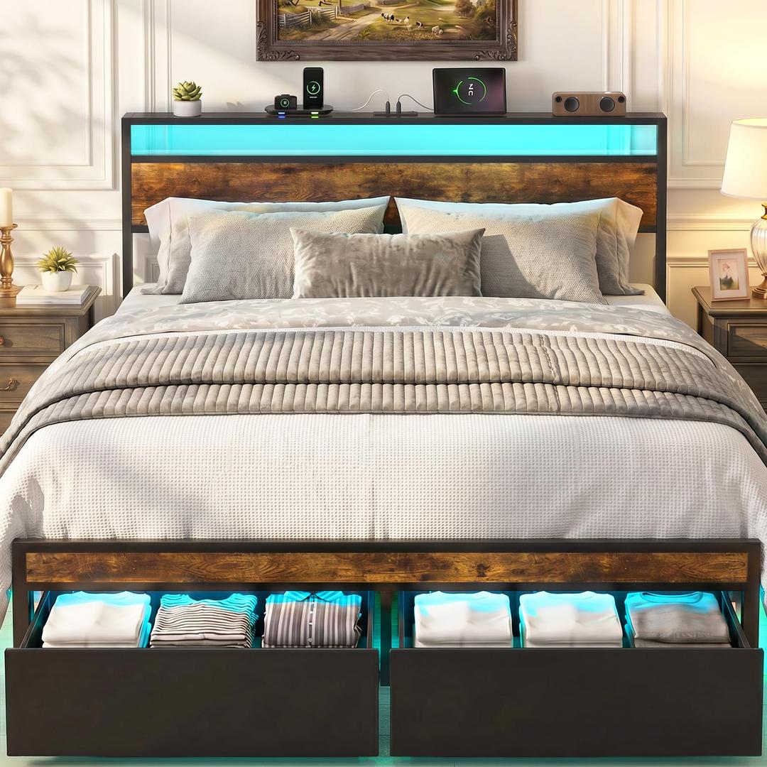 Juoerce Full Bed Frame with 2 Drawers and Storage Headboard, Metal Platform with LED Lights and Charging Station, No Box Spring Needed, Noise Free, Easy Assembly