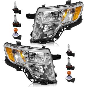 Headlight Assembly Compatible with Ford Edge 2007 2008 2009 2010 Limited SE SEL Halogen Headlamp, OE-Style Head Lamp Replacement for FO2503228 FO2502228, Chrome Housing Amber Reflector