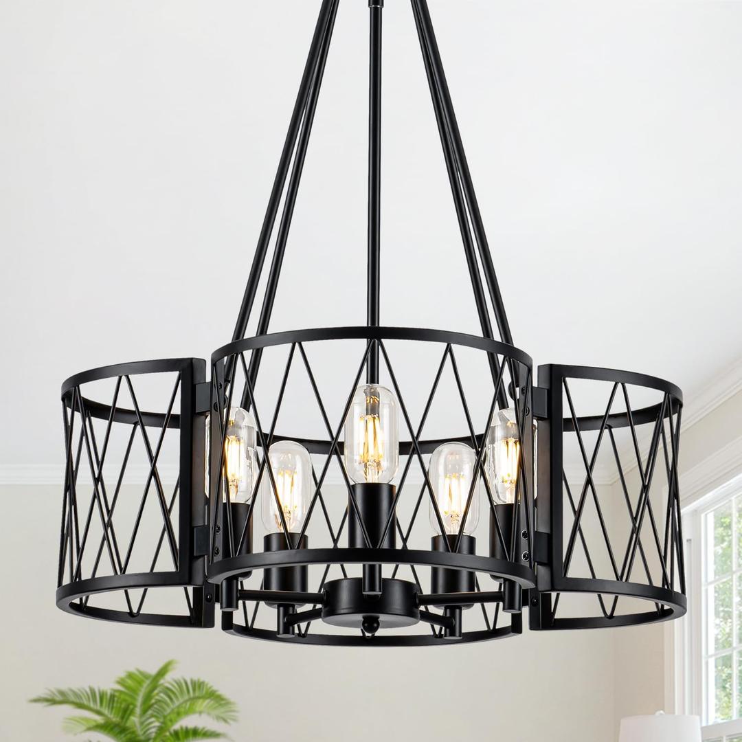 20.8'' Farmhouse Chandelier, 5-Light Rustic Black Chandeliers for Dining Room, Industrial Metal Hanging Light Fixture, Vintage Drum Pendant Lights for Living Room, Bedroom, Kitchen, Entryway
