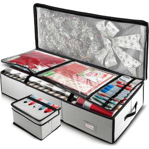 Hearth & Harbor Wrapping Paper Storage Container - Christmas Storage Bag with Ribbon Dispenser and Interior Pockets - Gift Wrap Organizer Fits Up to 26 Rolls of 40" Length, Silver (Large)