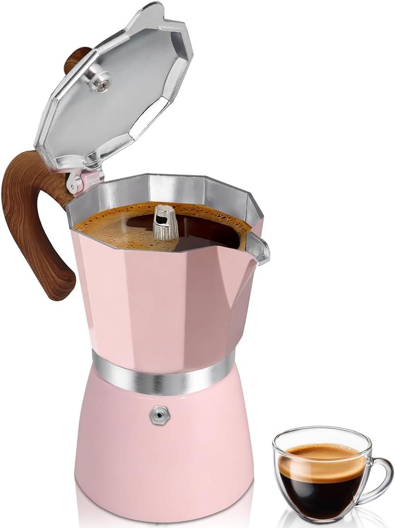 Coffee Maker Stovetop Espresso Maker 6 Cup Aluminum Moka Pot Percolator 10oz 300ml Easy Brewing for Electric Ceramic Stoves Home Camping Italian Cuban Caf Classic Pink