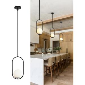 Yunnix Pendant Lights Kitchen Island, Pendant Light Fixtures, Modern Black Globe Glass Pendant Lighting, Mid Century Chandelier One Light for Bathroom Bedroom Dining Room(Bulb Not Included)