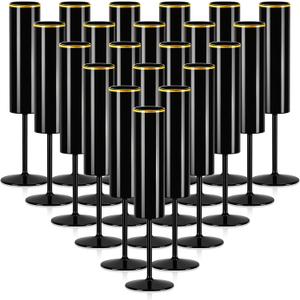 24 Pack Champagne Flute Acrylic 5.4 Oz Black Champagne Flutes Gold Rim Disposable Champagne Glasses Wedding Toasting Glasses Reusable Square Stemmed Glasses for Wedding Christmas Halloween