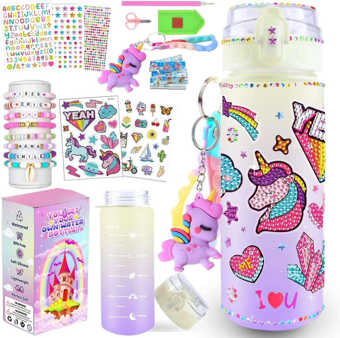 Water Bottle Decorating Kit for Girls/Friendship Bracelet - Craft Your Own, Ages 4-10, Art & Crafts Gift for Birthday Christmas (Pastel Rainbow Unicorn)