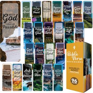 96 Bible Bookmark Pack with Bible Verses  Multiple Designs  Inspirational Christian Bookmarks for Women & Men  Bible Book Markers for Classroom, Bible Study, Church Supplies (6" x 2", Realistic Scenery)