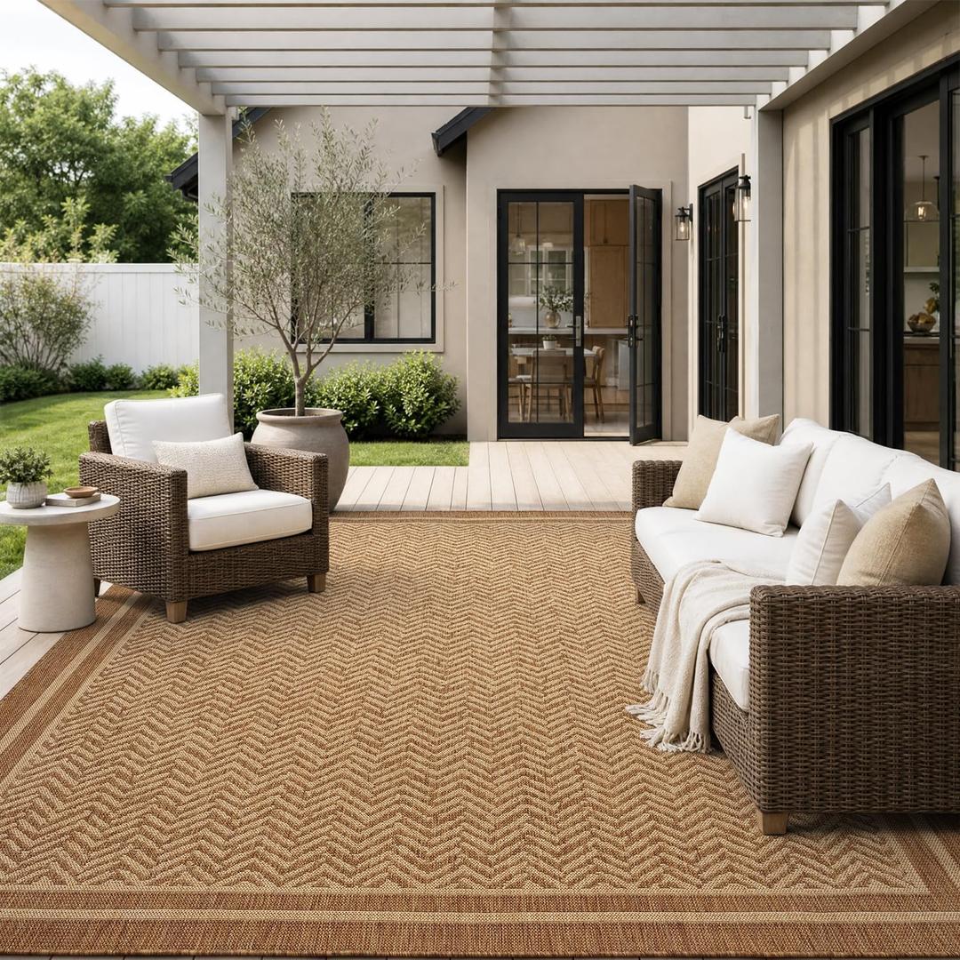 MontVoo-Outdoor Rug-Patio Rug 9x12 Polypropylene Indoor Outdoor Rugs Outdoor Carpet for Patio Deck Balcony Porch, Textured Weave, Durable for High Traffic, Fade-Resistant, Boho Farmhouse Neutral Brown