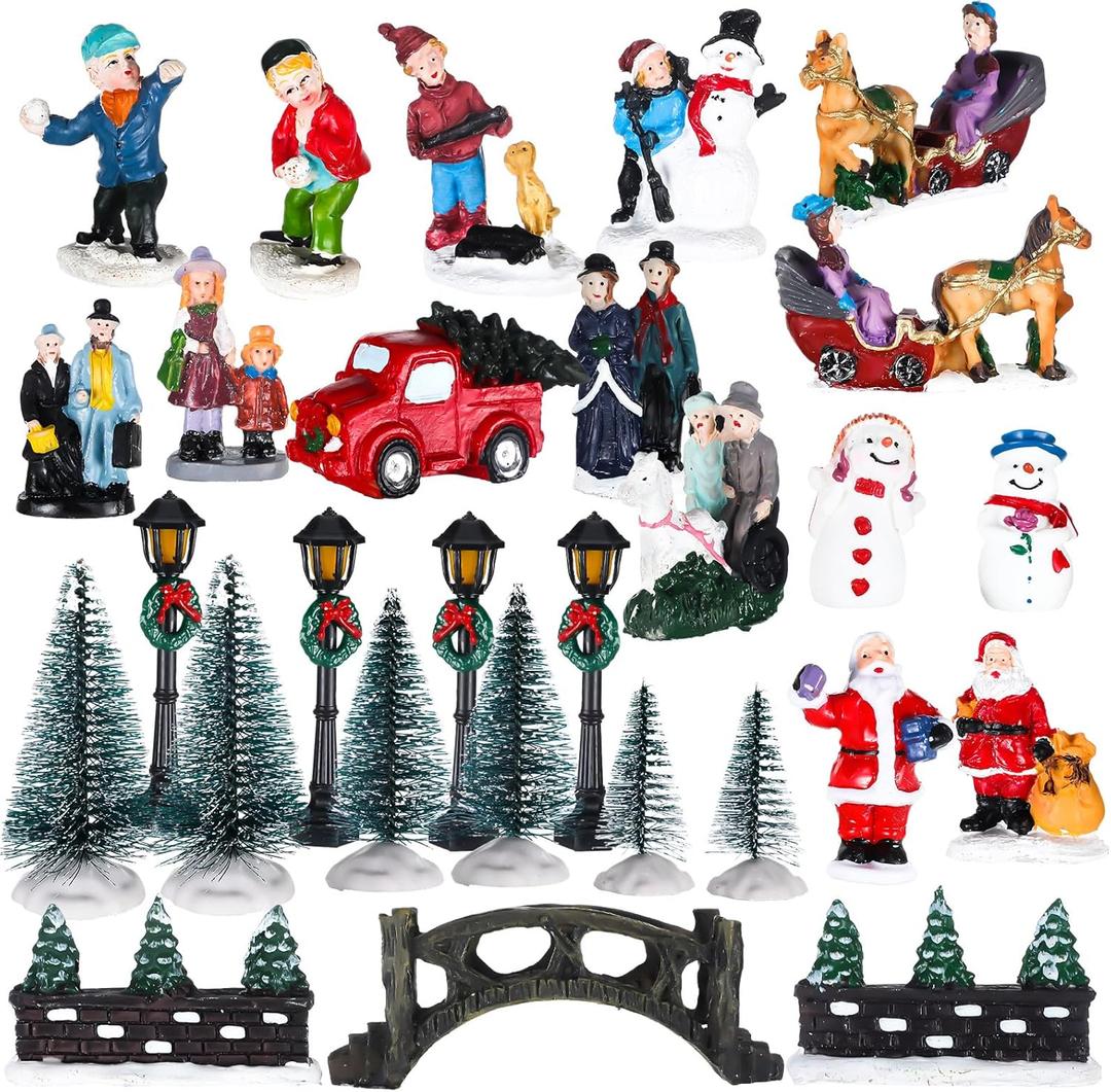 Soaoo 24 Pieces Christmas Village Figurines Decoration Set Christmas Village Accessories with Santa Claus Snowmen Street Lamps Tree for Christmas Town Scene Desktop Ornaments Landscape Decor