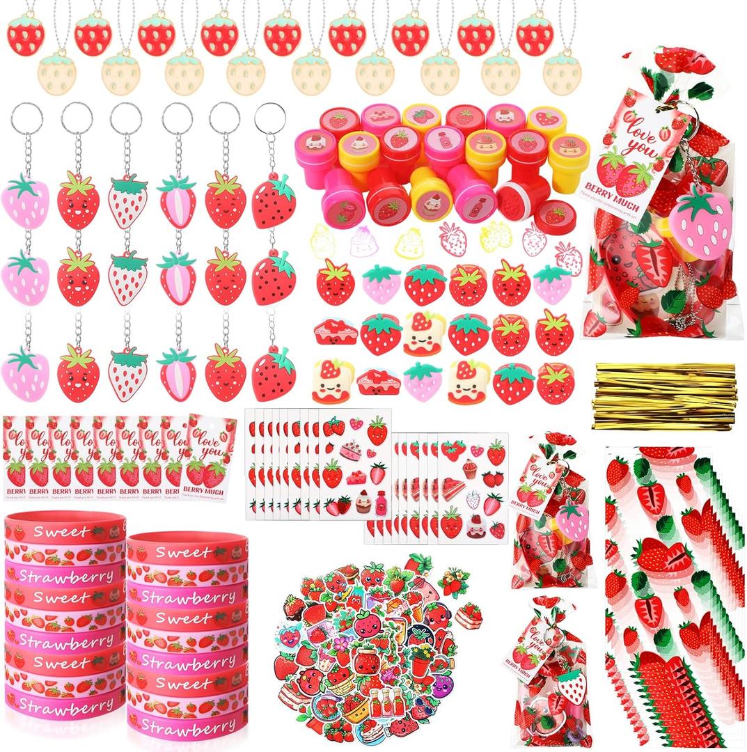 194 Pcs Sweet Strawberry Party Favors Includes Pendant Keychain Silicone Ring Bracelet Stickers Party Tags Organza Bag Stampers for Baby Shower Birthday Party Class Reward