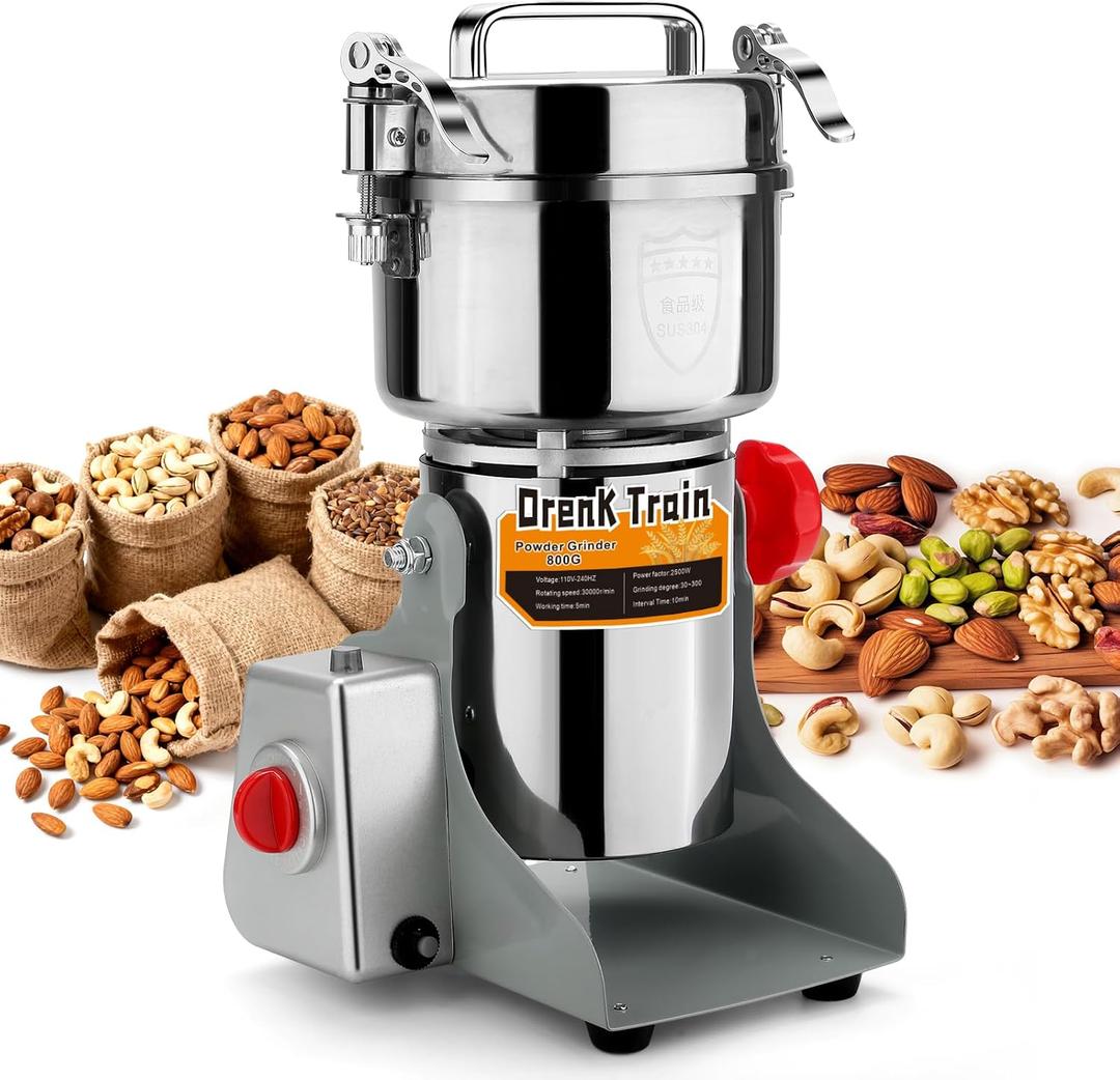 800G Electric Grain Grinder Mill，110V Swing-Type 304 High-speed Spice Herb Mill Commercial Powder Machine for Dry Cereals Grain Herb Spice Coffee Corn Bean Pepper, Etc., (800G High-Speed)