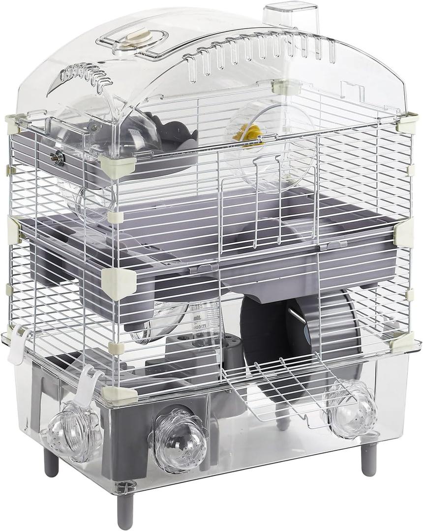 Multilevel Hamster Cage Starter Kit 18Lx11Wx23H with 3 Platforms, 2 Combinations of Bathtub & Food Bowl & Steps, 2 Exercise Wheels, 3 Doors, Small House, Water Bottle, Transparent/Gray