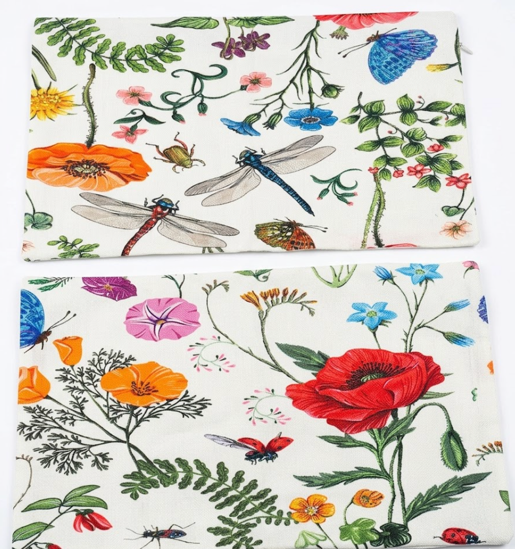 Set of 4 Botanical Floral & Dragonfly Decorative Throw Pillow Covers - 12" x 20