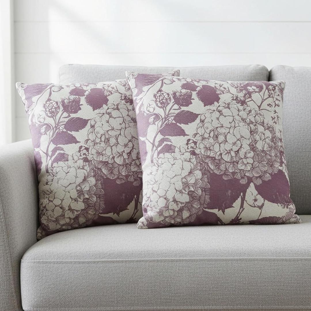 MAMYL Set of 2 Linen Floral Pillow Covers, Hydrangea Pattern Throw Pillow Covers, Boho Vintage Cushion Covers for Sofa, Living Room, Bedroom, Farmhouse Decor (Maroon, 18''X18'')