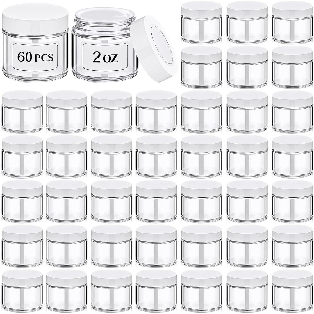 Layhit 60 Pcs 2 oz Glass Jars with Lids Bulk, Small Jars Containers Travel Storage Jar with Inner Liners Labels for Lotions, Cream, Lip Balm (Clear,White Lid)