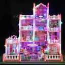 Doll House Set for Girls, Princess House Toys with 4 Dolls Furniture and 4-Story 11 Rooms,Pretend Play DIY with Light Strip for Kids, Building Dolls Playset Toys Kit Gift for Ages 3 4 5 6+