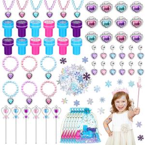 Faccito 134 Pieces Princess Party Favors Winter Birthday Party Supplies Snowflake Jewelry Gifts Set for Kids Include Diamond Necklaces Bracelets Rings Earrings Stickers Crown Wand Stampers Bags