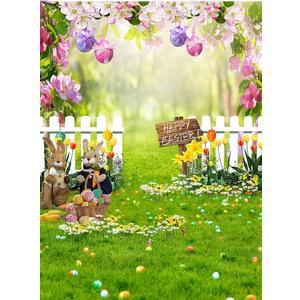5x7ft Easter Rabbit Photography Backdrop Spring Garden Happy Easter Background White Fence Flowers Eggs Photo Booth Backdrop for Kids Easter Party Decorations Baby Shower Photoshoot