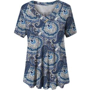 FOLUNSI Womens Plus Size Short Sleeve Henley Shirt V Neck Floral Blouses Tunic Tops M-4XL (1X, Color 07)