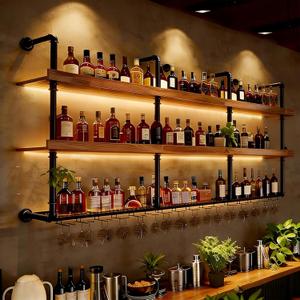 Wall Mounted Wine Rack with LED Lights, 3-Tier Industrial Wood Floating Shelves, Metal Wine Glass Rack/Hooks, Liquor Shelf Storage Organizer for Home Bar (Walnut, 3Tiers-80cm31.4in)