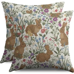 Spring Easter Pillow Covers 18X18 Set of 2, Vintage Rabbit Bunny Floral Sage Green Blue Pink Flower Decorative Throw Pillow Covers Outdoor Farmhouse Seasonal Cushion Cases Couch Sofa Bed Decor