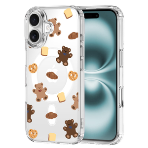 MAYCARI Cute Bear Theme Original iPhone 16 Case Compatible with Magnet Cookie Bread Teddy Bear Clear Magnetic Phone Cover for Girls Women Soft TPU Hard Back Shockproof Protective Case for 16 6.1"