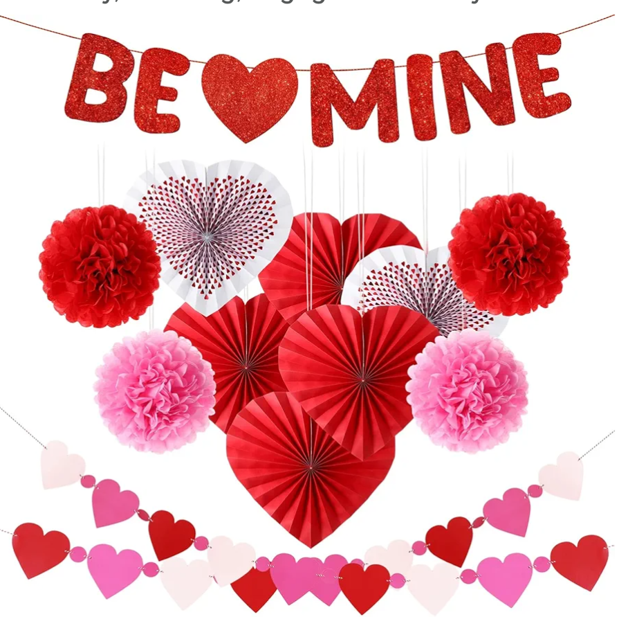 Fulmoon 13 Pcs Valentine Paper Kit Party Decorations, Valentine's Day Decorations Paper Flowers Hanging Fan Heart Craft Kit with Be Mine Banner, for Anniversary, Wedding, Engagement Party