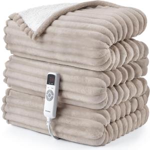 Hansleep Heated Blanket Electric Blanket Throw, Heating Blanket with 9 Heating Levels and 10-Hour Timer Auto Shut Off, Washable Soft Warm Winter Blanket, 50 x 60 Inches, Linen (Lien)