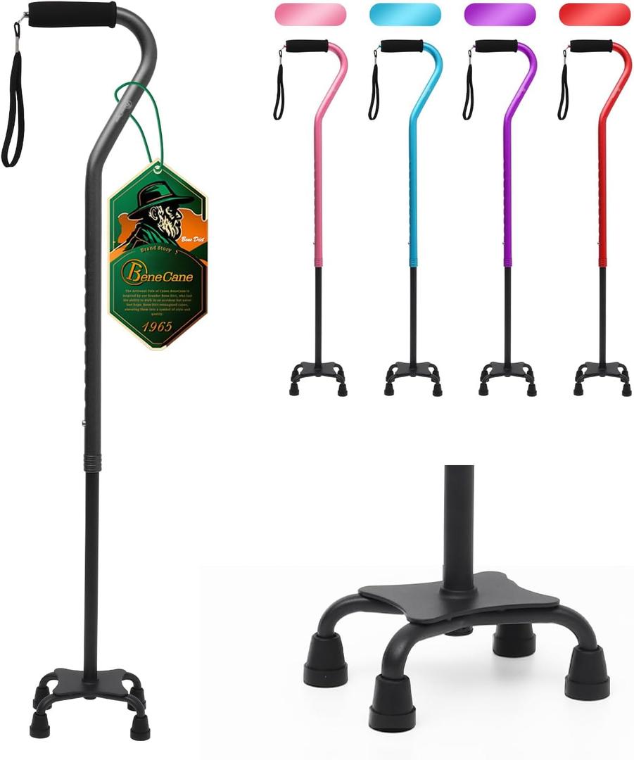 BeneCane Quad Cane Adjustable Walking Cane with Offset Soft Cushioned Handle for Men & Women Lightweight Comfortable with 4-Pronged feet for Extra Stability (black)