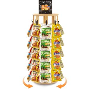 Chip Rack Display Stand, 5 Tiers 40 Clips Snack Organizer for Pantry Shelf, 360 Rotating Base Candy Table Display Sets, Snack Retail Display Rack for Parties,With Message Board