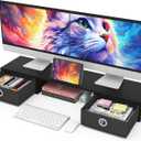 WESTREE Dual Monitor Stand Riser with Two Drawers, Extra Large Storage Monitor Stand for 2 Monitors, Desktop Oraganizer Stand for Computer,Laptop,Screen,Printer,TV (Black)