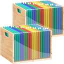 2 Pack Hanging File Organizer, Clear Acrylic File Box Organizer, Bamboo Filing Box File Crate Storage Boxes, Portable Filing Organizer with Handle for Letter Size