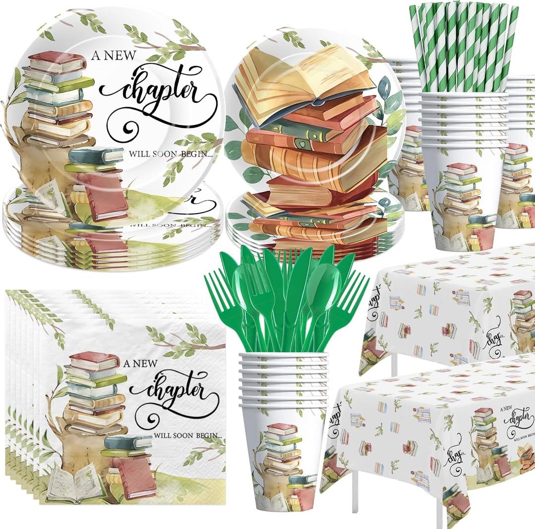APOWBLS Storybook Baby Shower Decorations Supplies - A New Chapter Will Soon Begin Book Theme Party Decorations, Plate, Cup, Napkin, Tablecloth, Cutlery, Library Reading Book Club Decoration, Serve 24